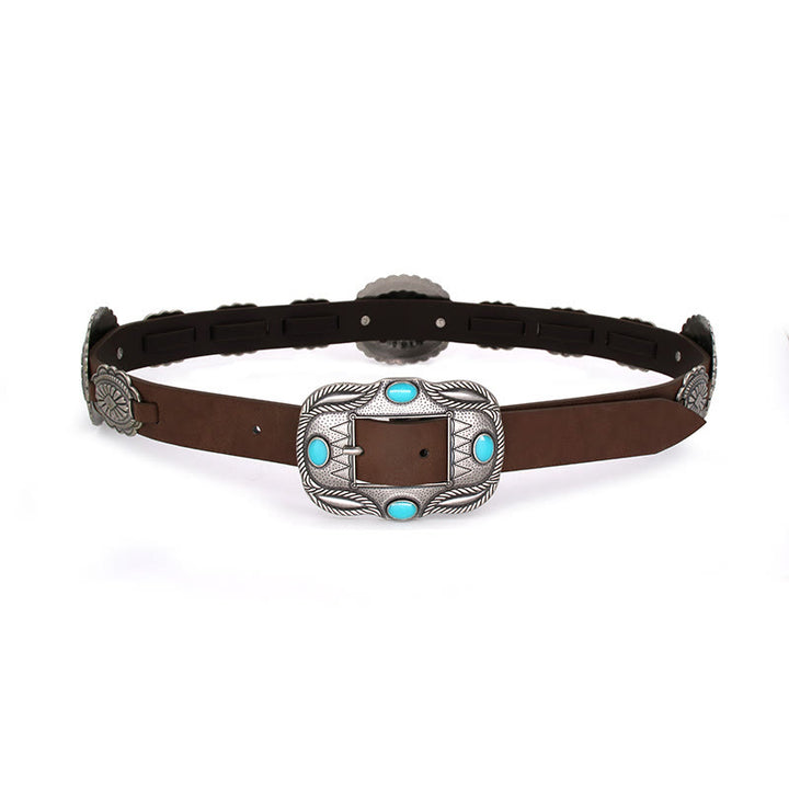 Women's Silver Patterned Turquoise Buckle Belt - image 5