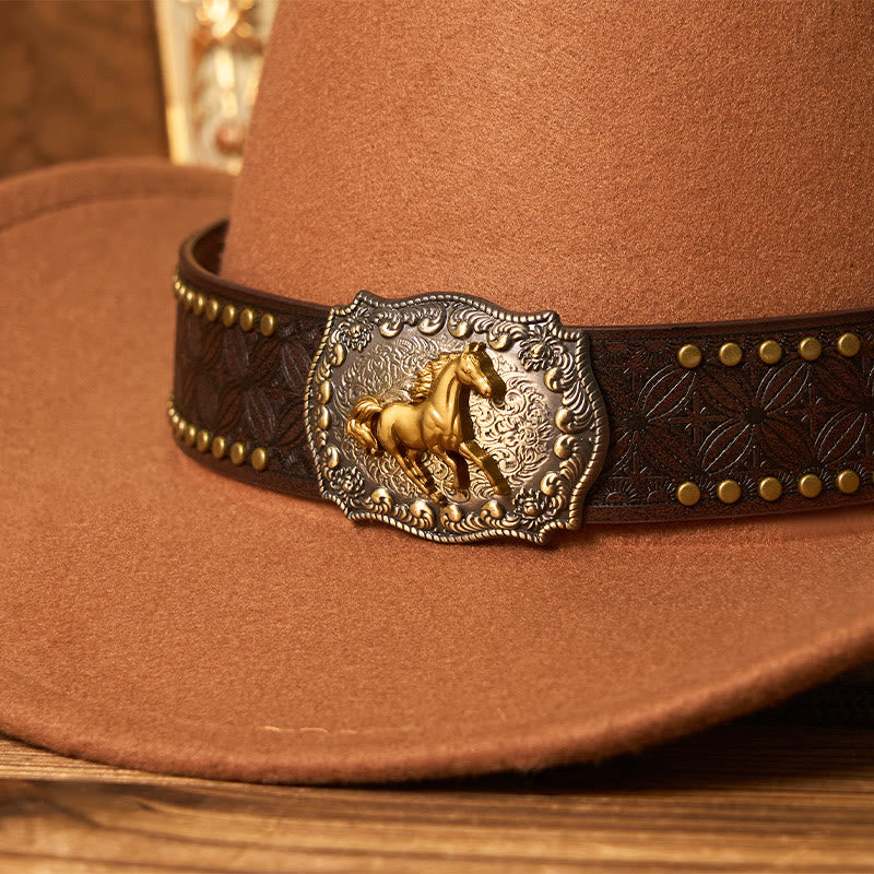 Men's Golden Horse Buckle Brim Rivet Belt Cowboy Hat - image 2