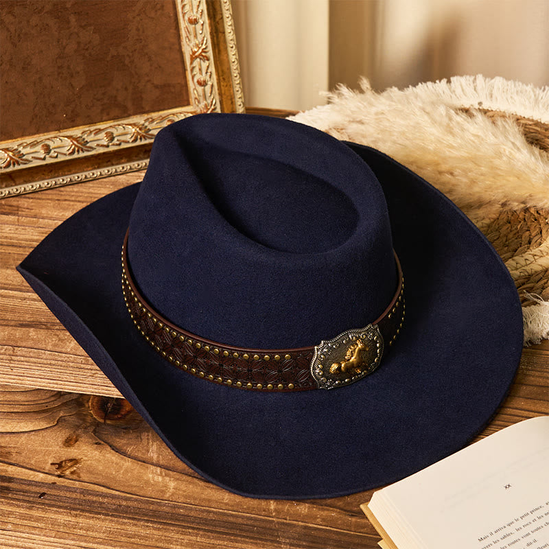 Men's Golden Horse Buckle Brim Rivet Belt Cowboy Hat - image 4