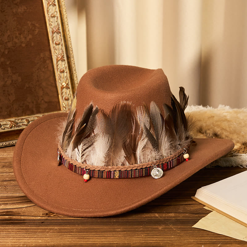 Men's Feather Woven Brim Belt Cowboy Hat - Caramel - M (22"-22 7/8") - image 0