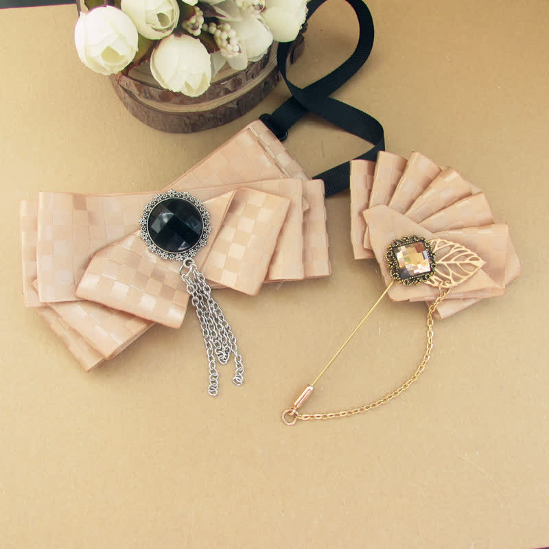 2Pcs Ribbon Checked Pattern Pin Bow Tie Set - Champagne - image 2