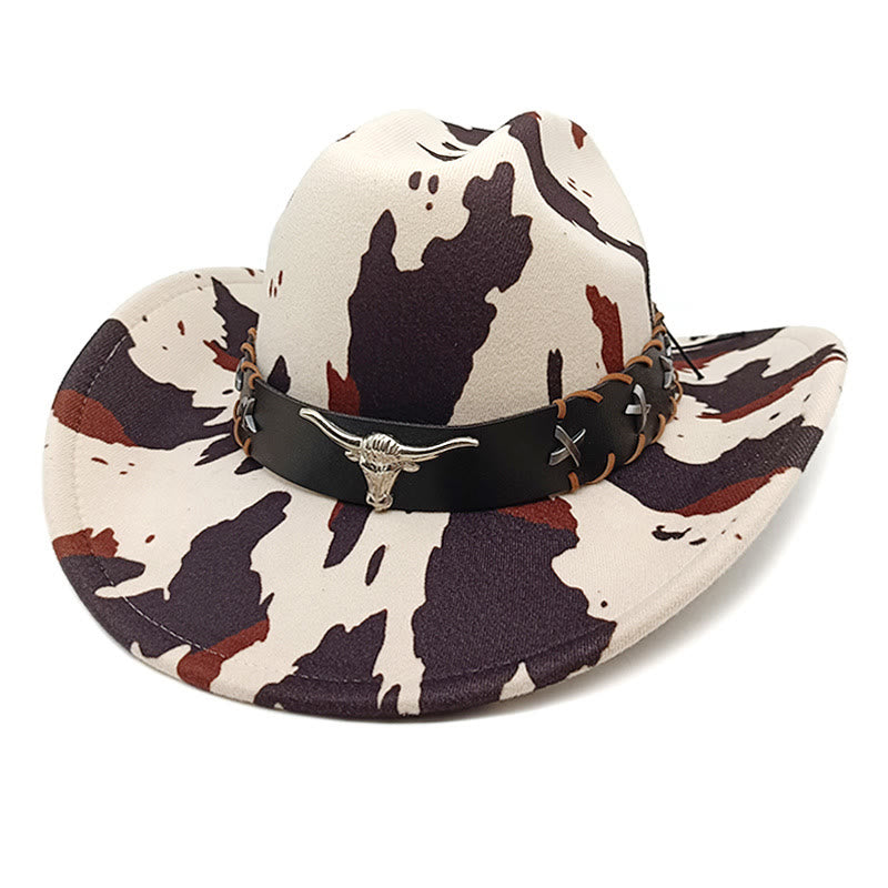 Men's Silver Long Horned Bull Belt Cow Pattern Cowboy Hat - Style #1 - M (22"-22 7/8") - image 0