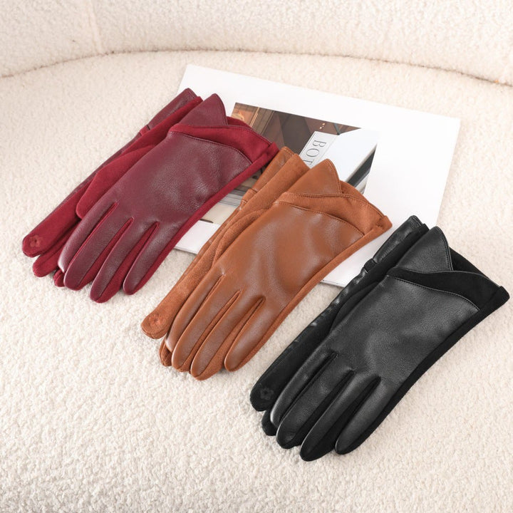 Women's Winter Keep Warm Splicing Design Leather Gloves - image 0