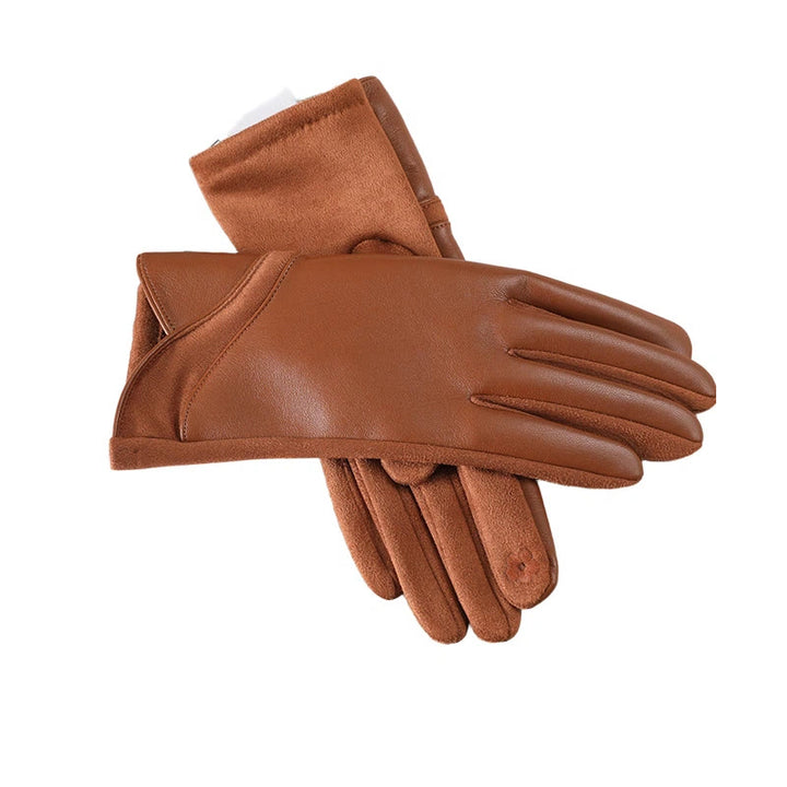 Women's Winter Keep Warm Splicing Design Leather Gloves - Khaki - image 3