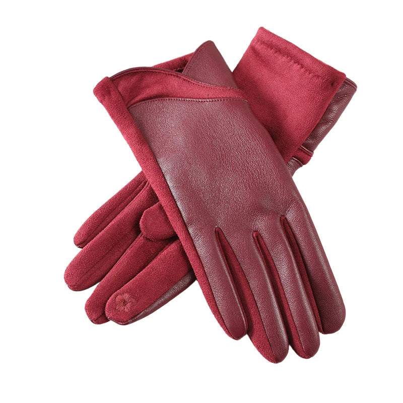 Women's Winter Keep Warm Splicing Design Leather Gloves - Red - image 2