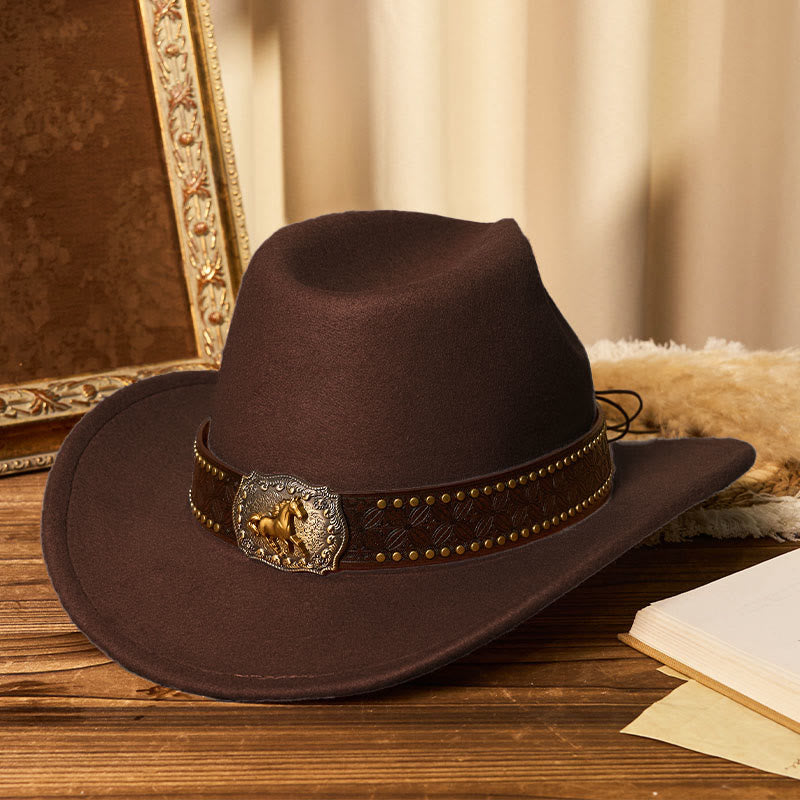 Men's Golden Horse Buckle Brim Rivet Belt Cowboy Hat - Coffee - M (22"-22 7/8") - image 7
