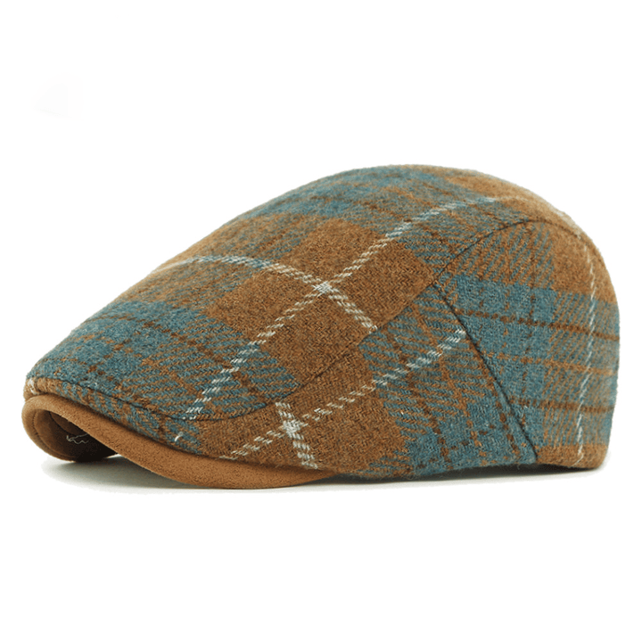 Winter Vintage Plaid Pattern Men's Beret Hat - Khaki - Adjustable(21 5/8"-23 1/4") - image 0