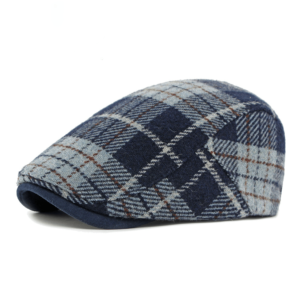 Winter Vintage Plaid Pattern Men's Beret Hat - Navy Blue - Adjustable(21 5/8"-23 1/4") - image 2