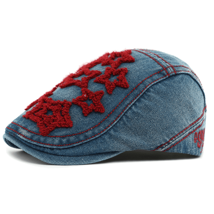 Denim Star Embroidered Men's Beret Hat - Burgundy - Adjustable(21 5/8"-23 1/4") - image 0
