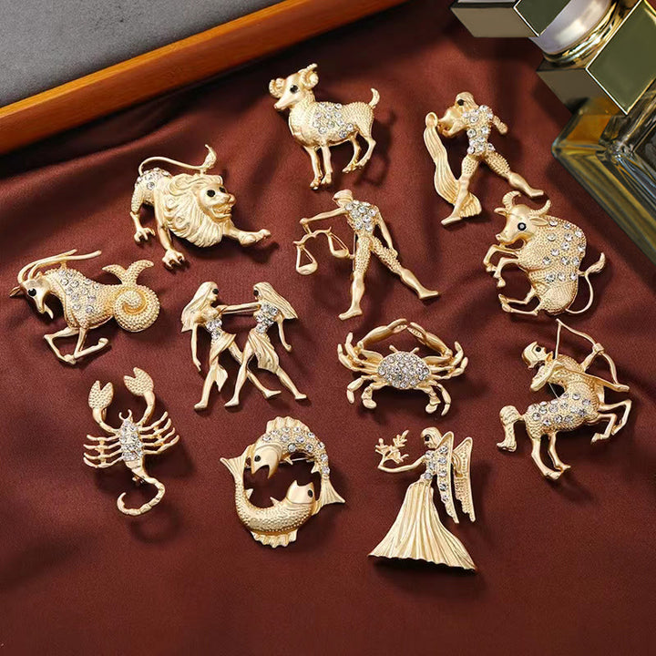 Zodiac Sign Diamond-Embellished Gold Brooch - image 0