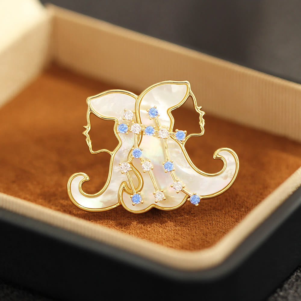 12 Constellation Mother-of-Pearl & Blue Crystal Gold Brooch - Gemini - image 4