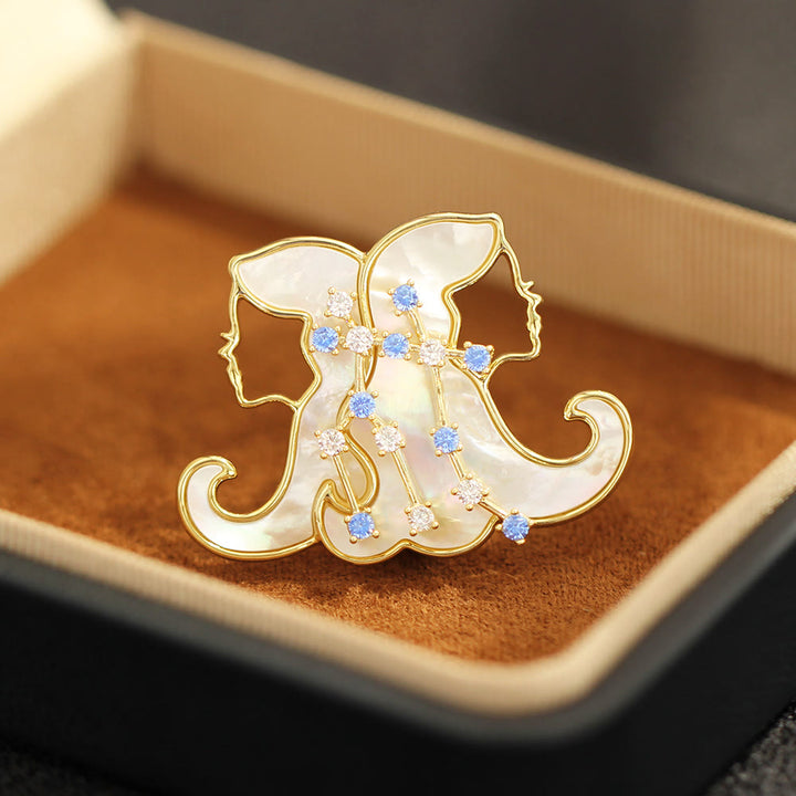 12 Constellation Mother-of-Pearl & Blue Crystal Gold Brooch - Gemini - image 4
