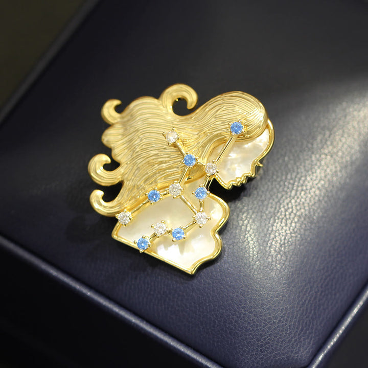 12 Constellation Mother-of-Pearl & Blue Crystal Gold Brooch - image 11