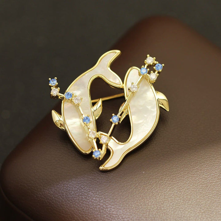 12 Constellation Mother-of-Pearl & Blue Crystal Gold Brooch - image 22