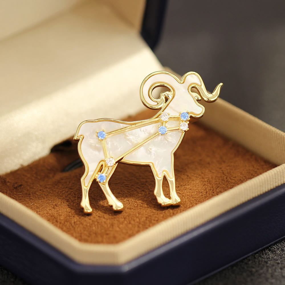 12 Constellation Mother-of-Pearl & Blue Crystal Gold Brooch - Aries - image 0