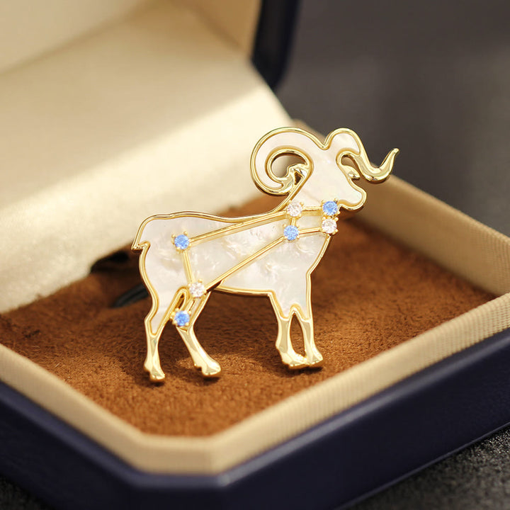 12 Constellation Mother-of-Pearl & Blue Crystal Gold Brooch - Aries - image 0