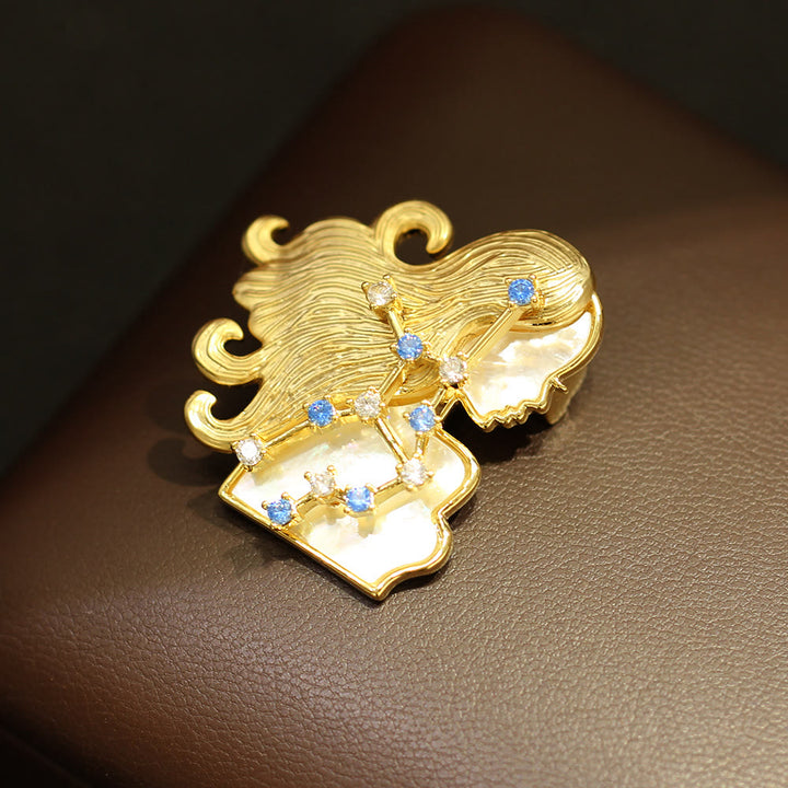 12 Constellation Mother-of-Pearl & Blue Crystal Gold Brooch - Virgo - image 10