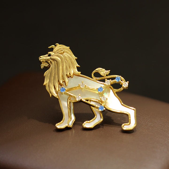 12 Constellation Mother-of-Pearl & Blue Crystal Gold Brooch - Leo - image 8
