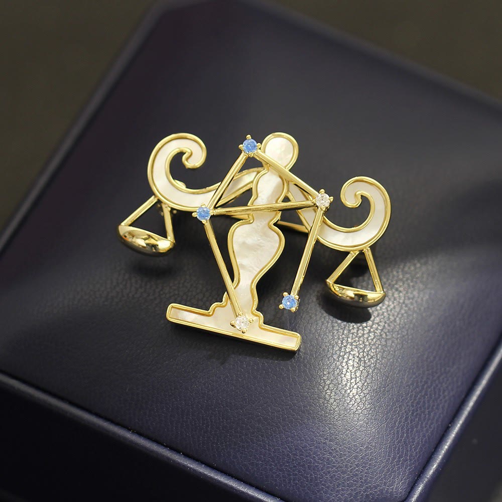 12 Constellation Mother-of-Pearl & Blue Crystal Gold Brooch - image 13