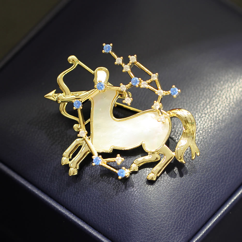 12 Constellation Mother-of-Pearl & Blue Crystal Gold Brooch - image 17