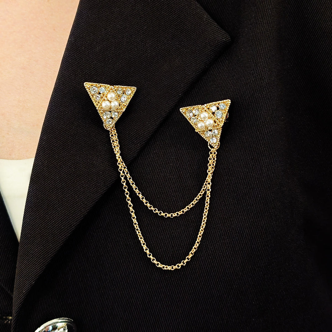 Triangle Pearl and Crystal Chain Brooch - Golden - image 1