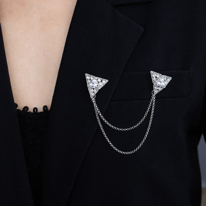 Triangle Pearl and Crystal Chain Brooch - Silver - image 4