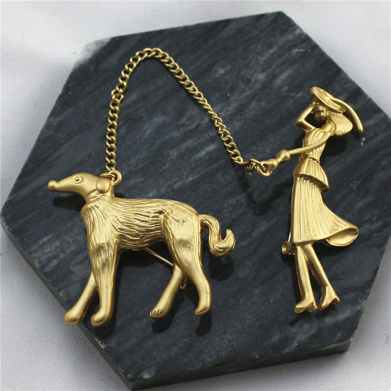 Lady and Hound Gold Chain Brooch - Golden - image 1