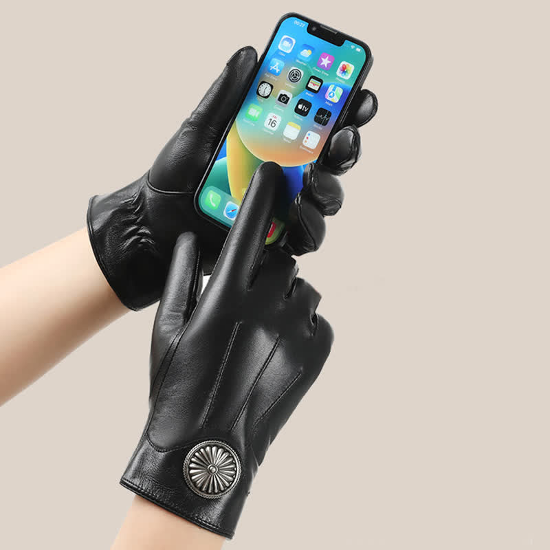 Men's Black Vintage Metal Emblem Genuine Leather Gloves - image 2