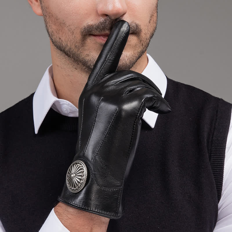 Men's Black Vintage Metal Emblem Genuine Leather Gloves - image 7