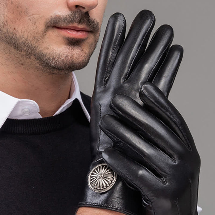 Men's Black Vintage Metal Emblem Genuine Leather Gloves - image 6