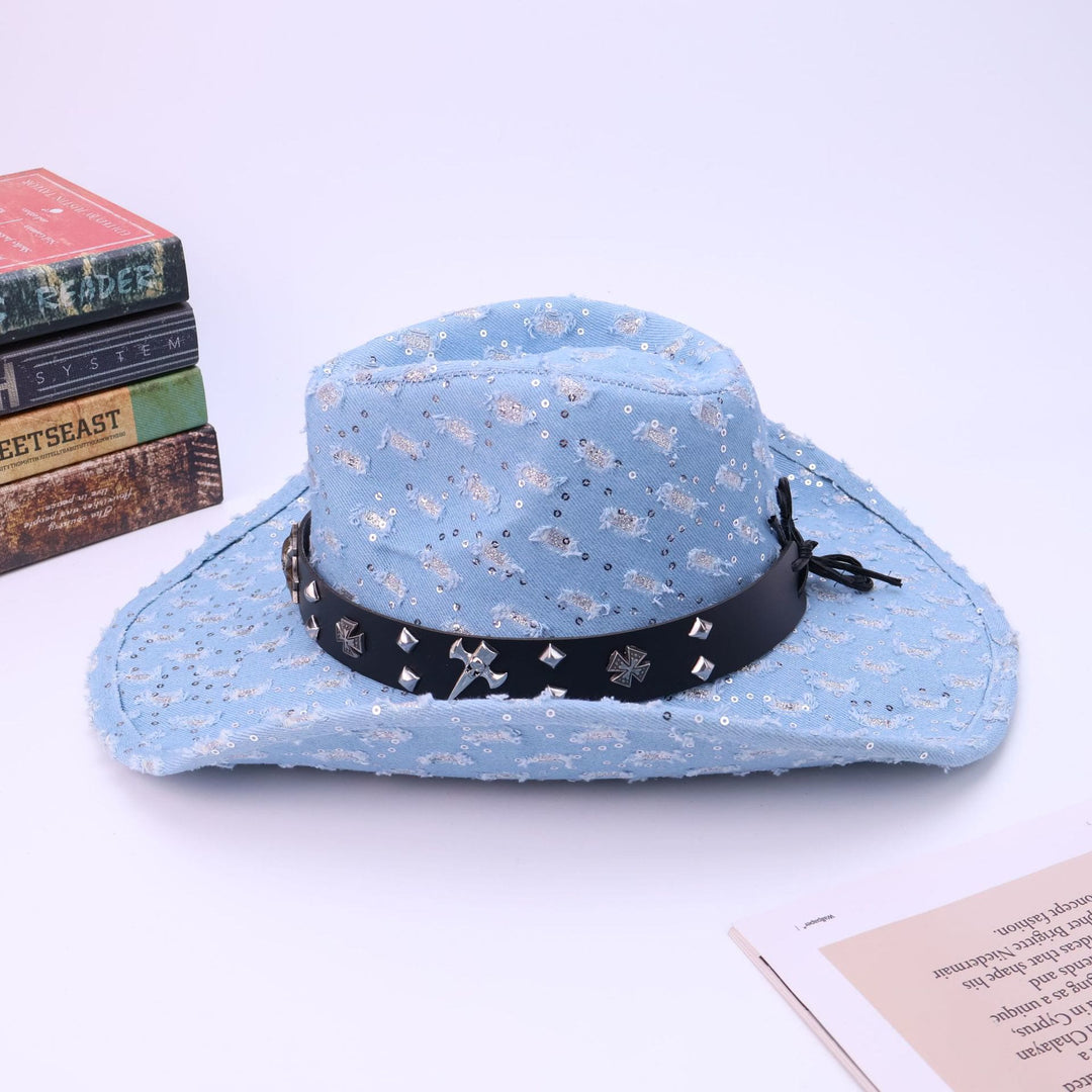 Men's Silver Skull Black Belt Ripped Cowboy Hat - image 3