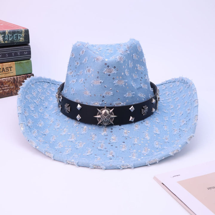 Men's Silver Skull Black Belt Ripped Cowboy Hat - image 2