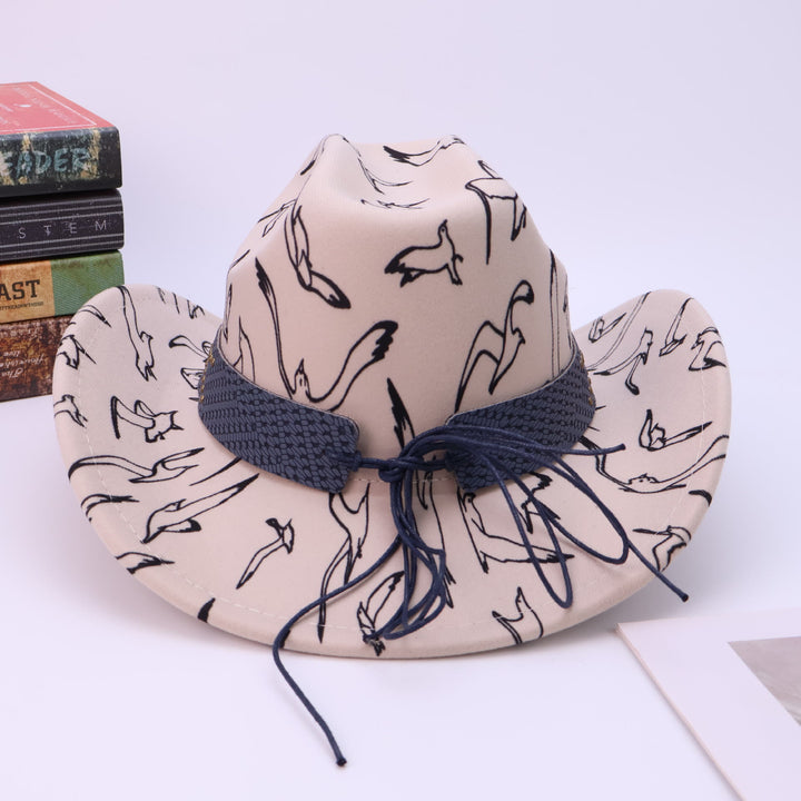 Men's Brass Bull Head Belt Bird Print Cowboy Hat - image 5