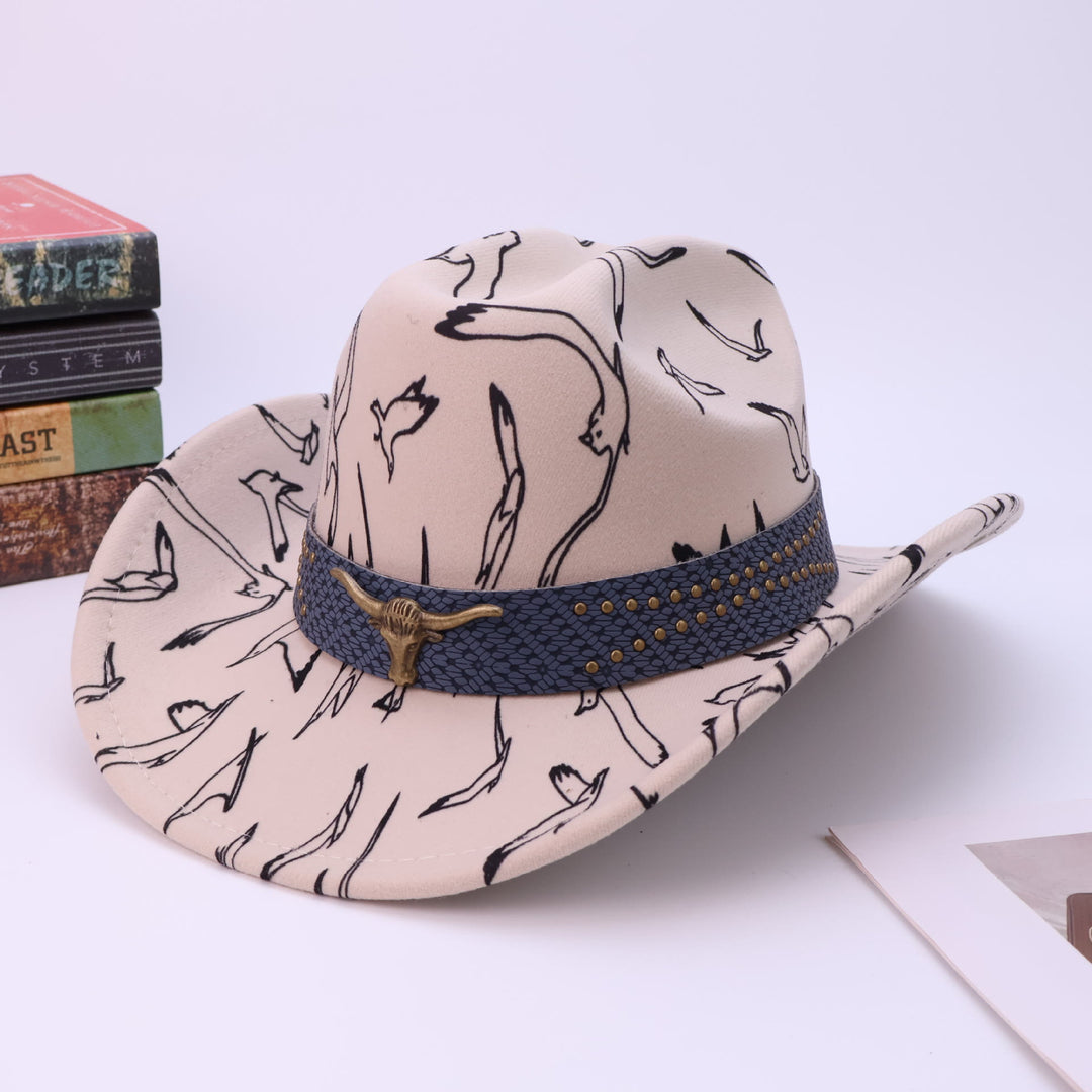 Men's Brass Bull Head Belt Bird Print Cowboy Hat - Beige - M (22"-22 7/8") - image 2