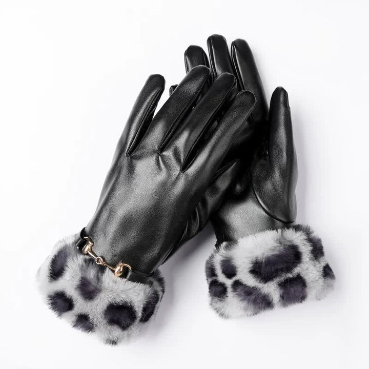 Women's Fur-Look Leopard Print Leather Gloves - Gray - image 2