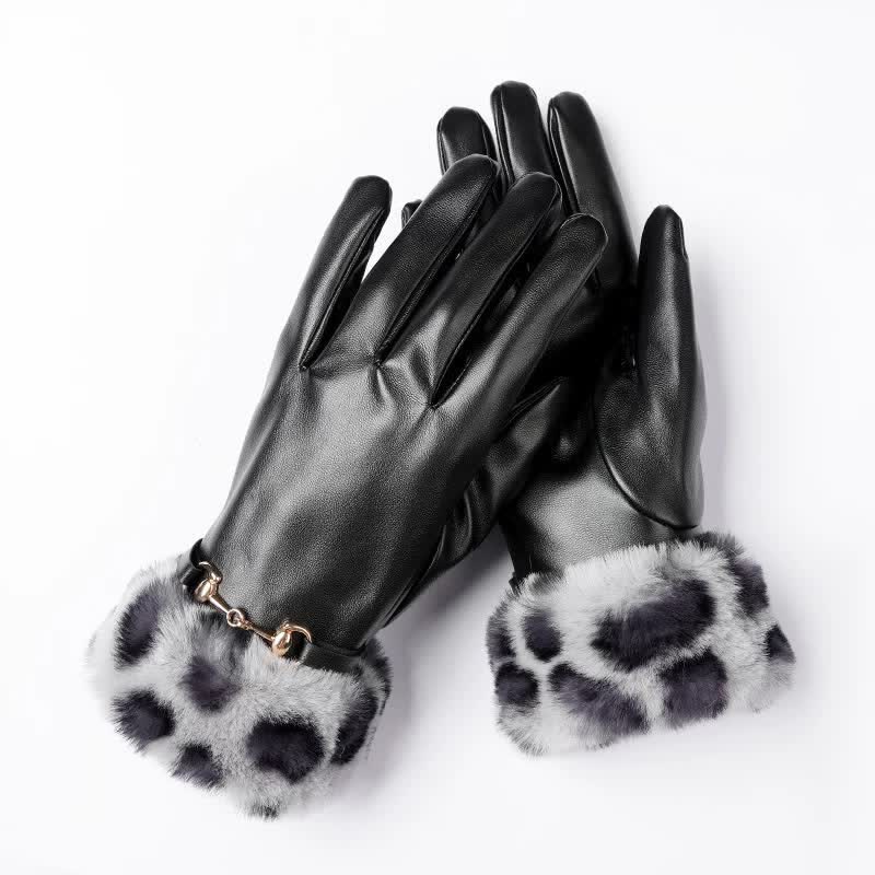 Women's Fur-Look Leopard Print Leather Gloves - Gray - image 2