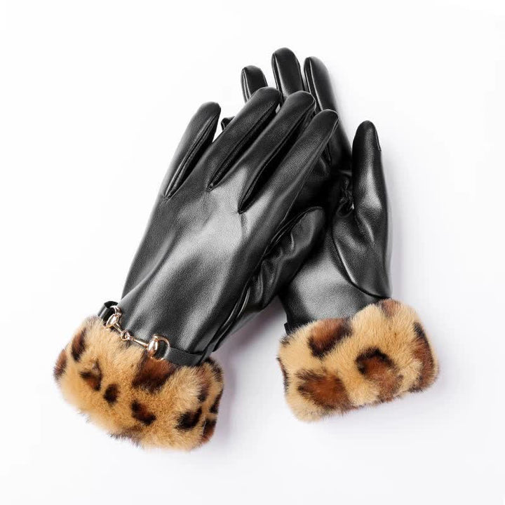 Women's Fur-Look Leopard Print Leather Gloves - image 1