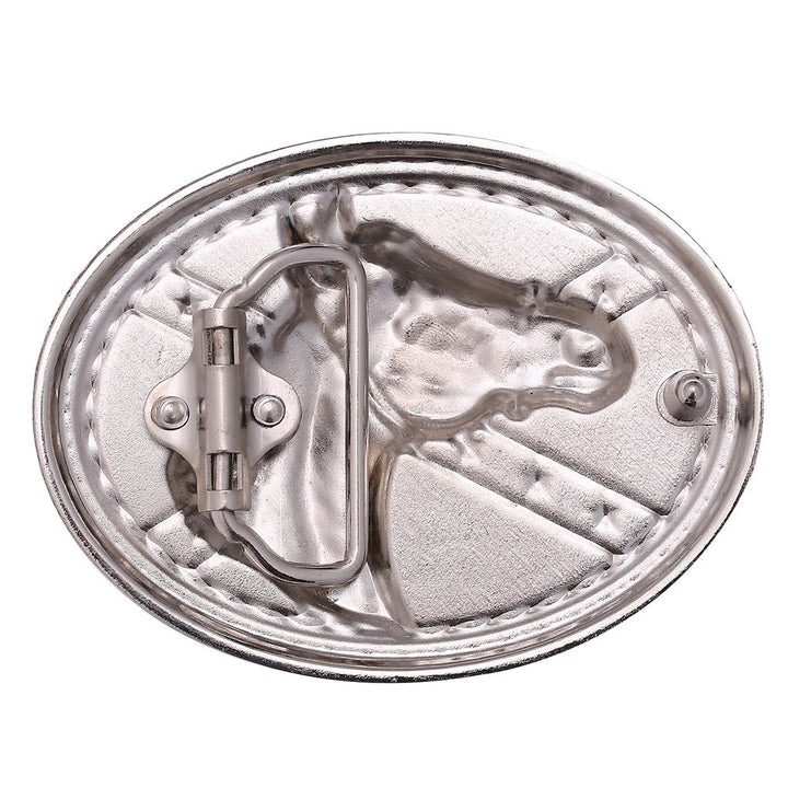 Men's Silver Horsehead Flag Buckle Black Embossed Belt - image 2