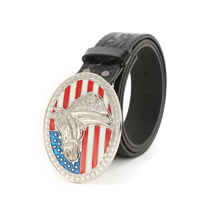 Men's Silver Horsehead Flag Buckle Black Embossed Belt - Silver Horsehead - 38 - image 0