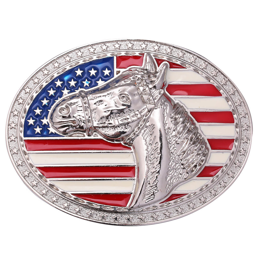 Men's Silver Horsehead Flag Buckle Black Embossed Belt - image 1