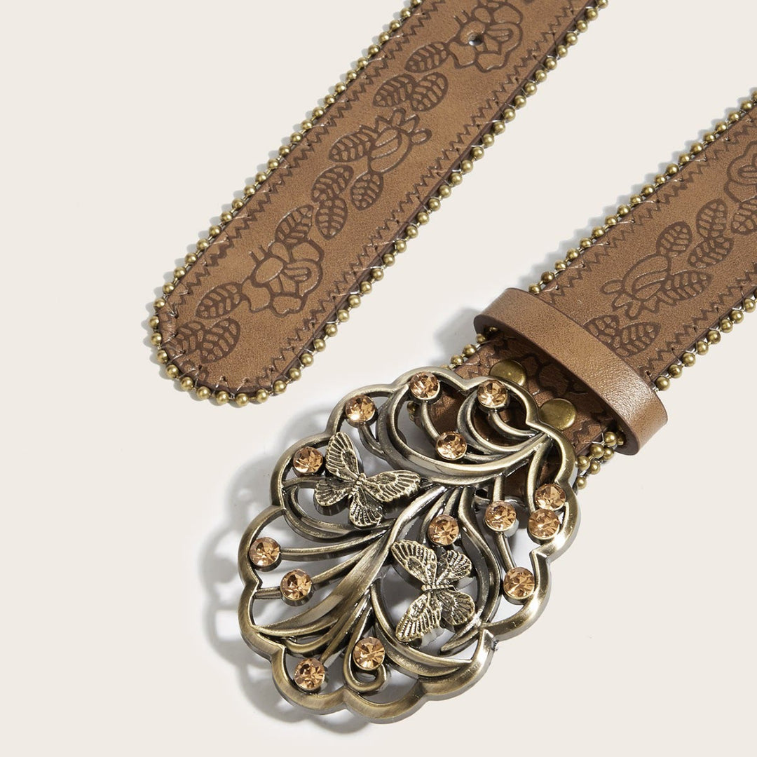 Women's Metal Butterfly Diamond Floral Buckle Brown Embossed Belt - image 1
