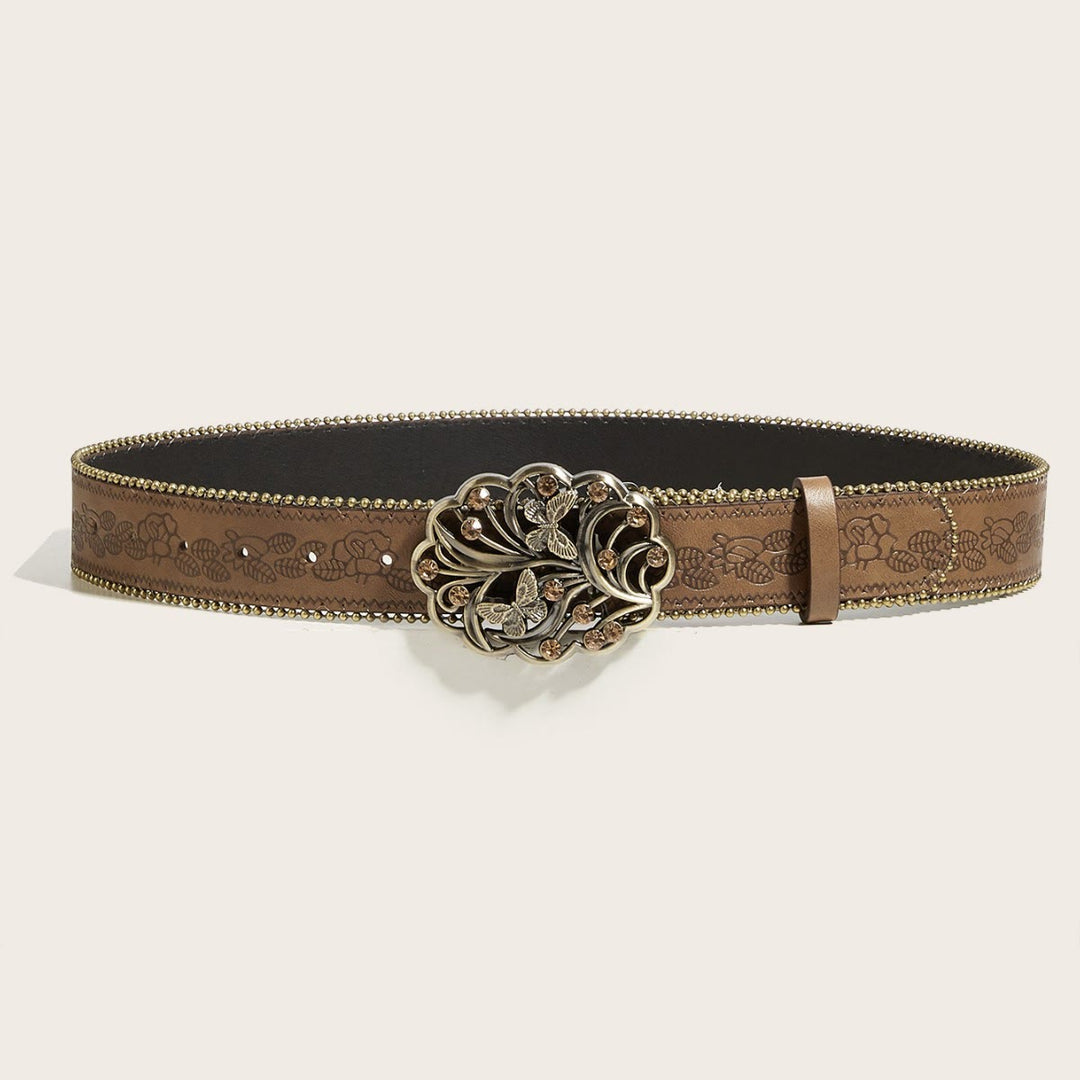 Women's Metal Butterfly Diamond Floral Buckle Brown Embossed Belt - image 2