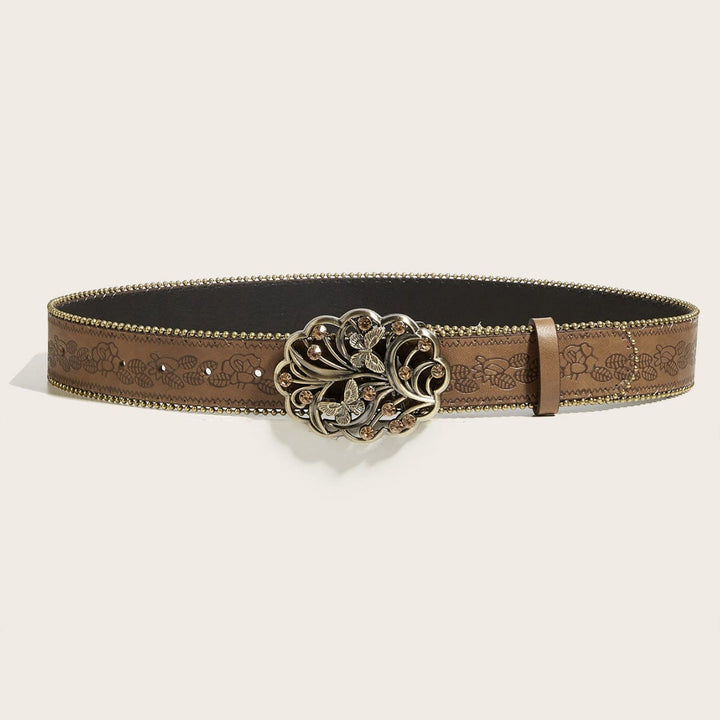 Women's Metal Butterfly Diamond Floral Buckle Brown Embossed Belt - image 2