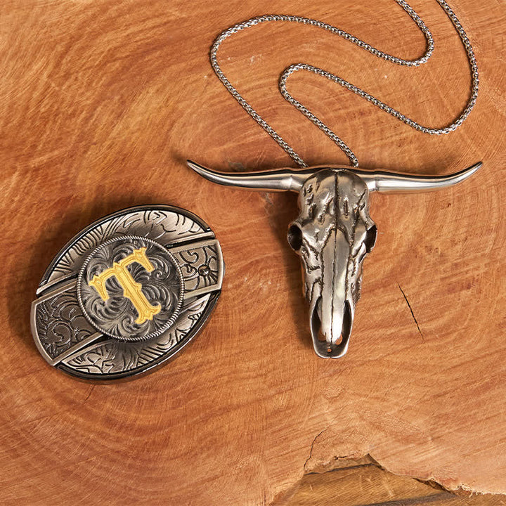 Initial Letter DIY Hidden Knife Belt Buckle Longhorn Pendant Bundle Set - T - Without Belt - image 28