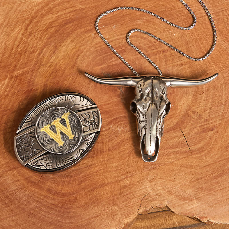 Initial Letter DIY Hidden Knife Belt Buckle Longhorn Pendant Bundle Set - W - Without Belt - image 31