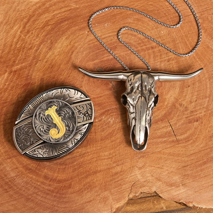 Initial Letter DIY Hidden Knife Belt Buckle Longhorn Pendant Bundle Set - J - Without Belt - image 18