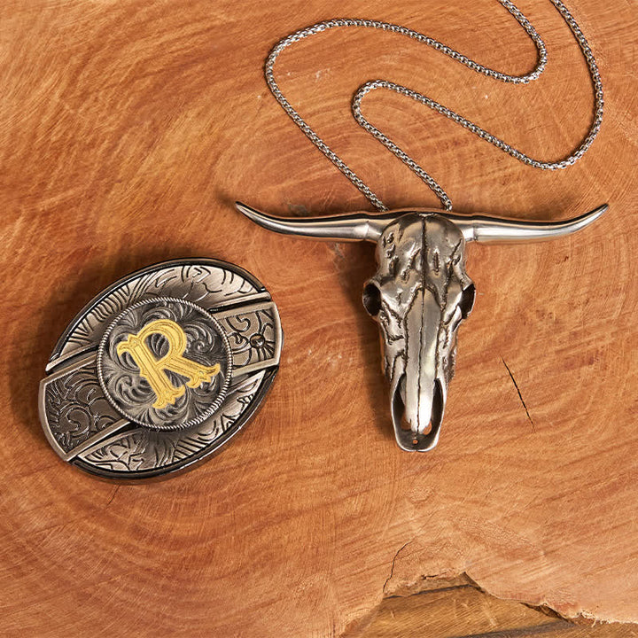 Initial Letter DIY Hidden Knife Belt Buckle Longhorn Pendant Bundle Set - R - Without Belt - image 26