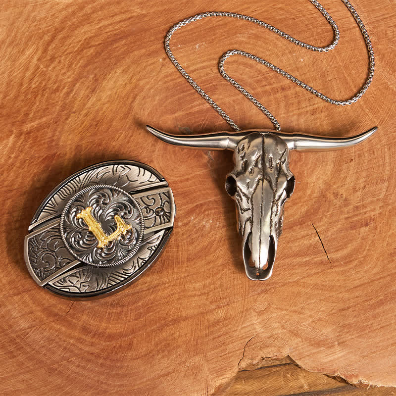 Initial Letter DIY Hidden Knife Belt Buckle Longhorn Pendant Bundle Set - L - Without Belt - image 20