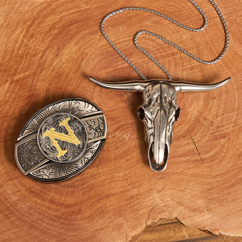 Initial Letter DIY Hidden Knife Belt Buckle Longhorn Pendant Bundle Set - N - Without Belt - image 22