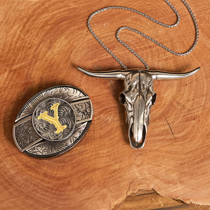 Initial Letter DIY Hidden Knife Belt Buckle Longhorn Pendant Bundle Set - Y - Without Belt - image 33